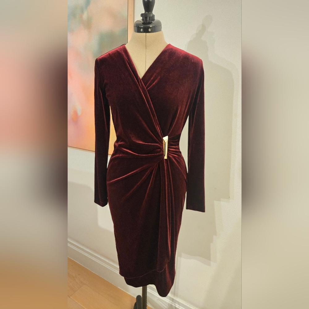 Calvin Klein Velvet Wrap Dress in Deep Burgundy